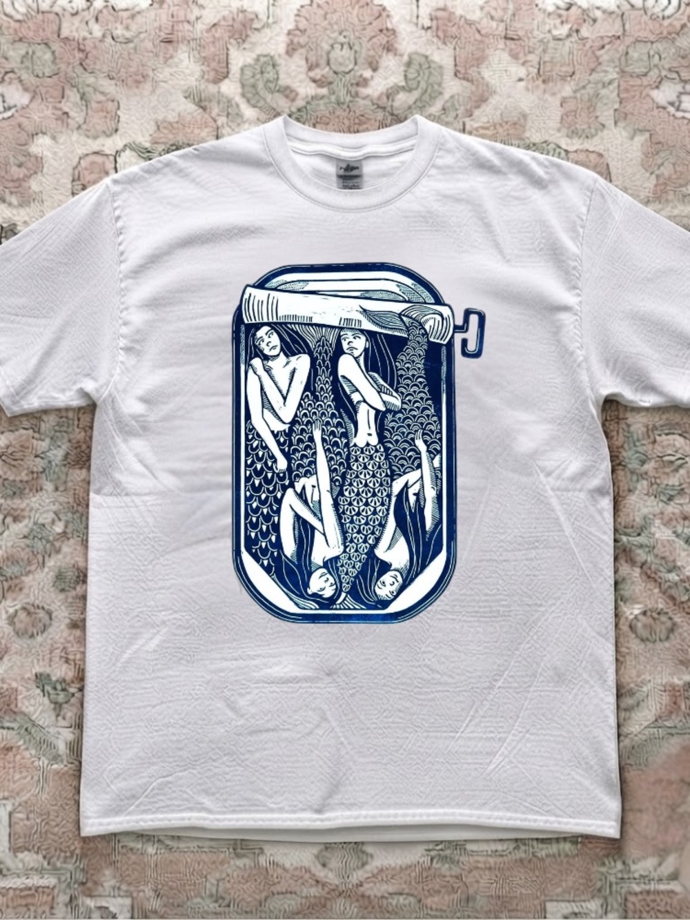 Mermaid Sardine Tin Retro Blue Illustration Vintage White T-Shirt